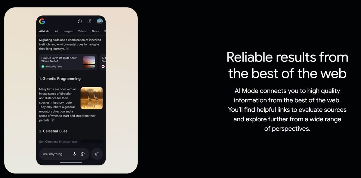 Gambaran tampilan Google AI Mode di ponsel.
Gambar: Google Gambaran tampilan Google AI Mode di ponsel.
Gambar: Google