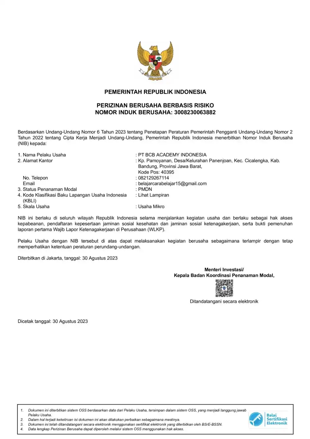 SK Kemenkumham BCB Academy - PT Perseorangan AHU-060149