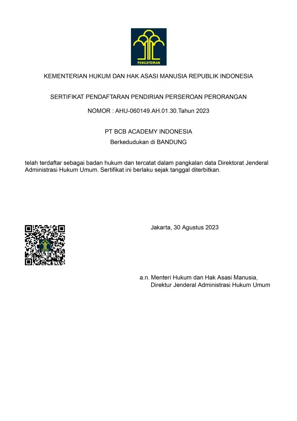 NIB Berizin BCB Academy - Nomor Induk Berusaha 3008230063882