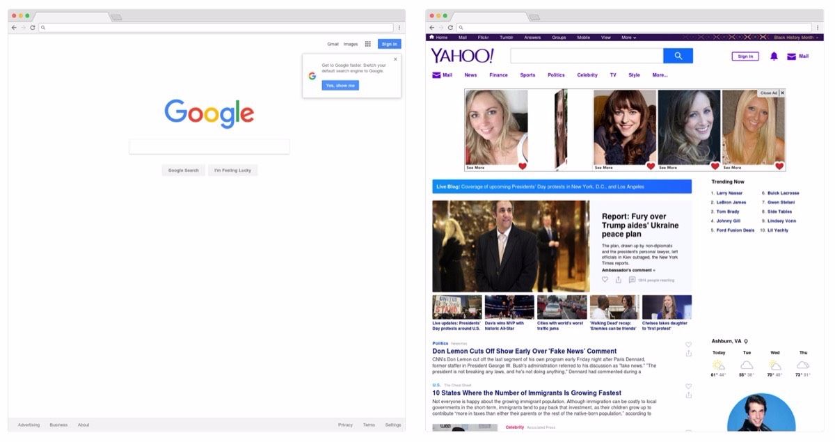 Sebuah perbandingan sederhana dari halaman utama Yahoo dan Google yang menunjukkan bagaimana ruang kosong menarik mata kita, dan membuat kita fokus untuk melakukan satu tindakan.