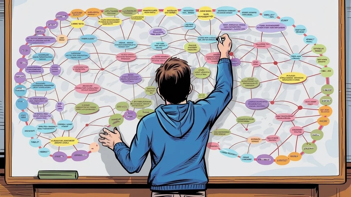 Ilustrasi: Seorang Pelajar yang Sedang Membuat Mind Map Interaktif di Papan Tulis Kelas