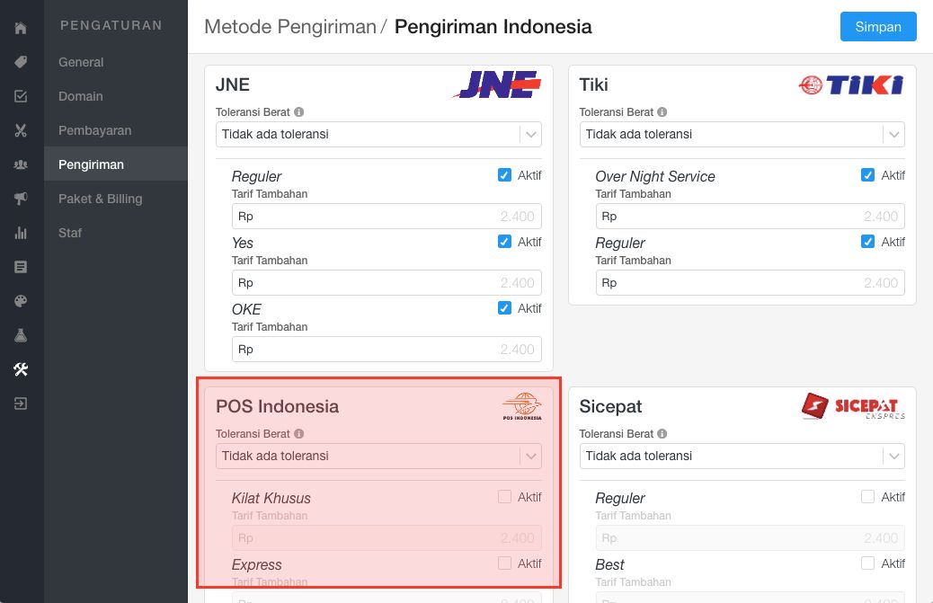 Aktifkan pengiriman POS Indonesia dengan mencentang servis yang kamu support