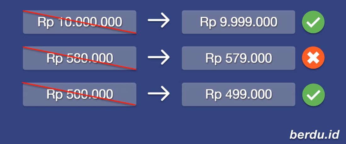 Mengurangi digit kiri terakhir untuk menampilkan harga yang terkesan lebih murah. Sumber: YouTube Berdu.id